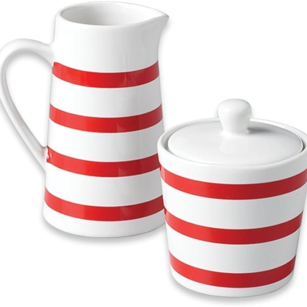 NAUTICA RED WHITE STRIPE PORCELAIN SUGAR AND CREAMER SET NIB 🦋
